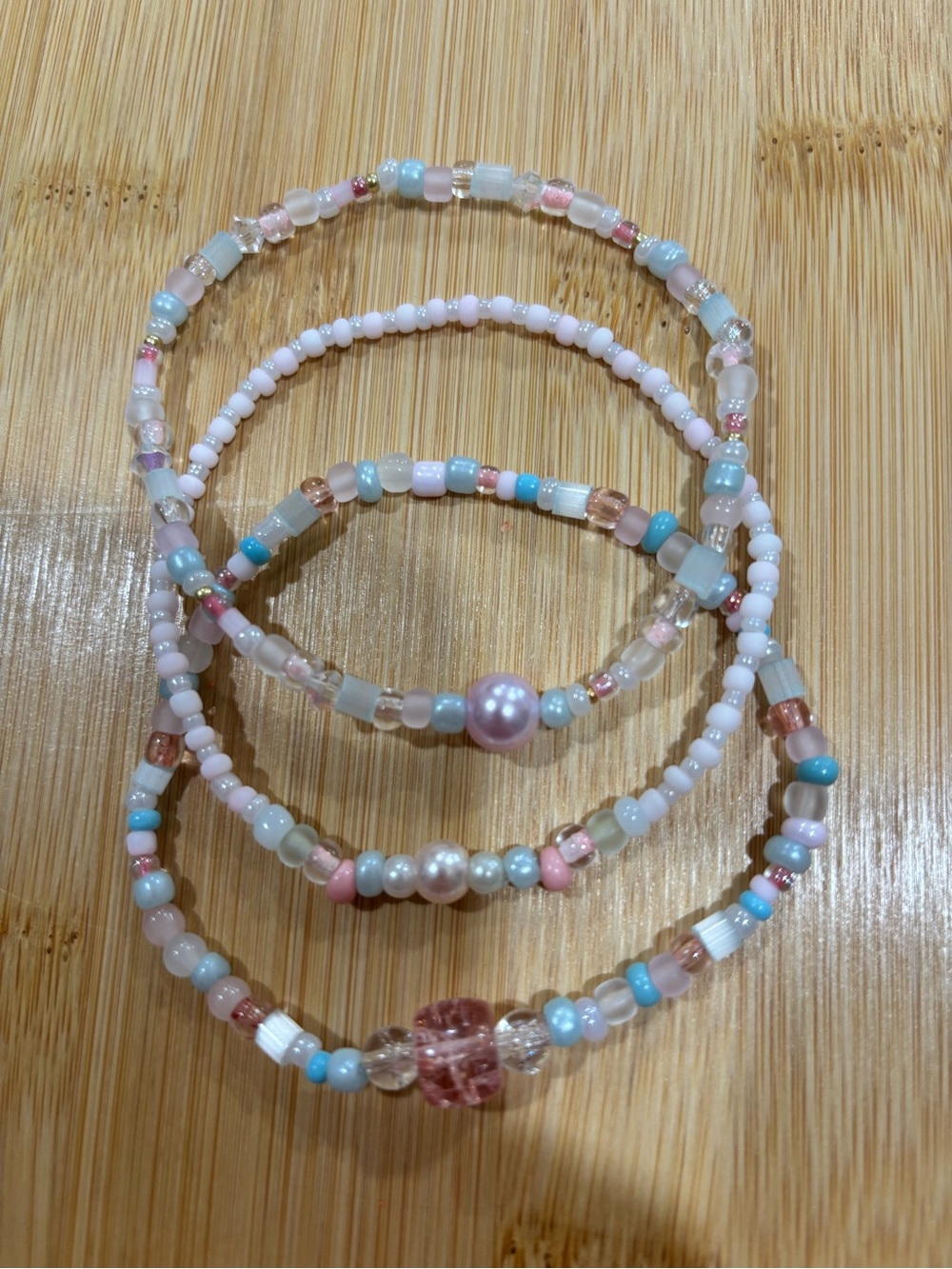 Hand Crafted Pastel Pink & Light Blue Beaded Bracelet Set